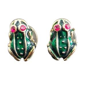 Green Enamel and Red Crystal Goldtone Frog Earrings